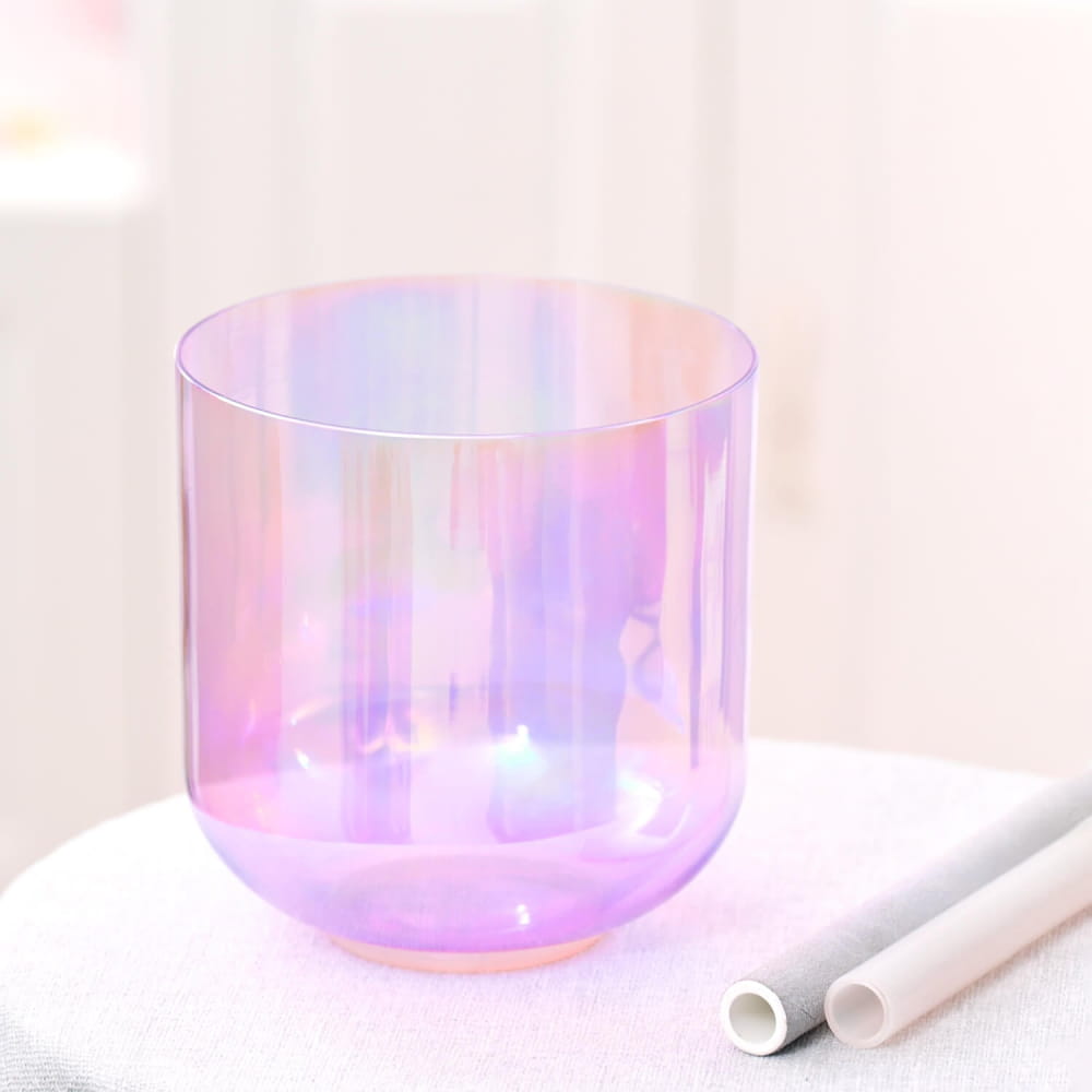 Iridescent cylindrical glass vessel in pink and purple hues for 432Hz Alchemy Bowl