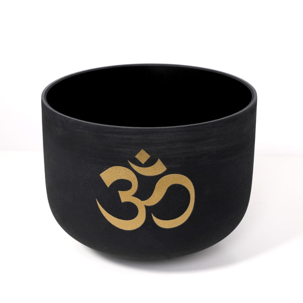 Black Frosted Quartz Singing Bowl with Gold Om Symbol, 432Hz Ohm Symbol Design