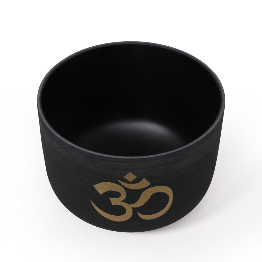 Black Frosted Quartz Crystal Singing Bowl with Gold Om Symbol 432Hz 12 Inches