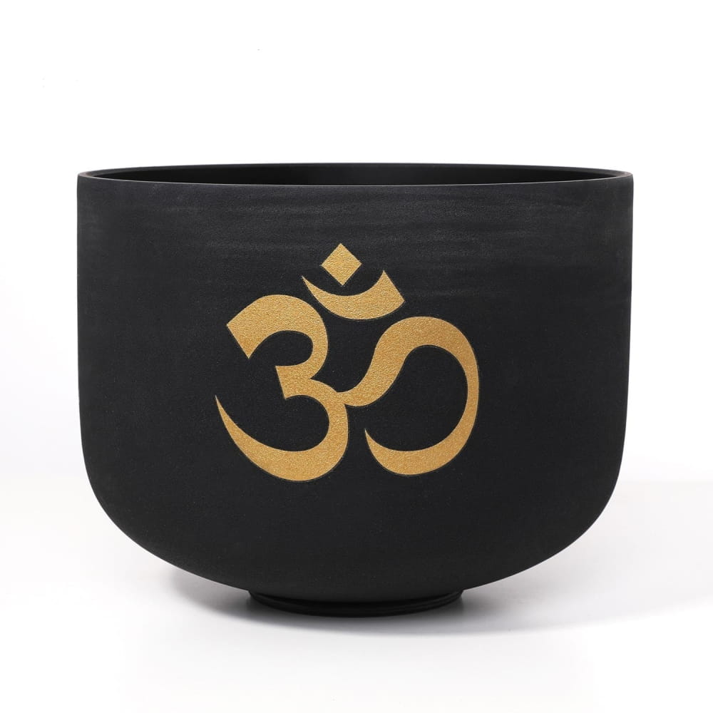 Black Frosted Quartz Crystal Singing Bowl featuring a gold Om symbol at 432Hz