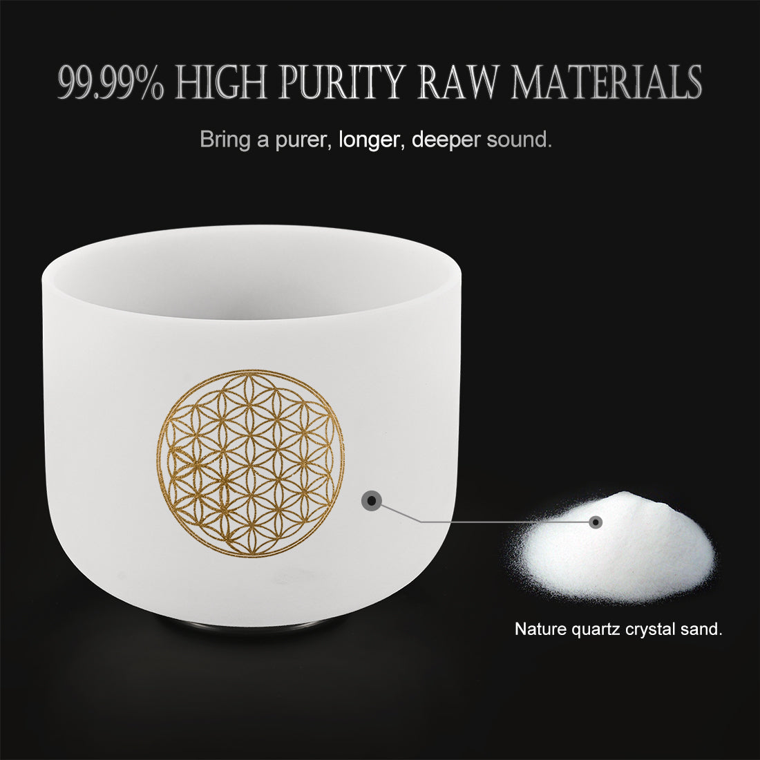 White Quartz Crystal Singing Bowl with Gold Flower of Life for Chakra Healing 432Hz