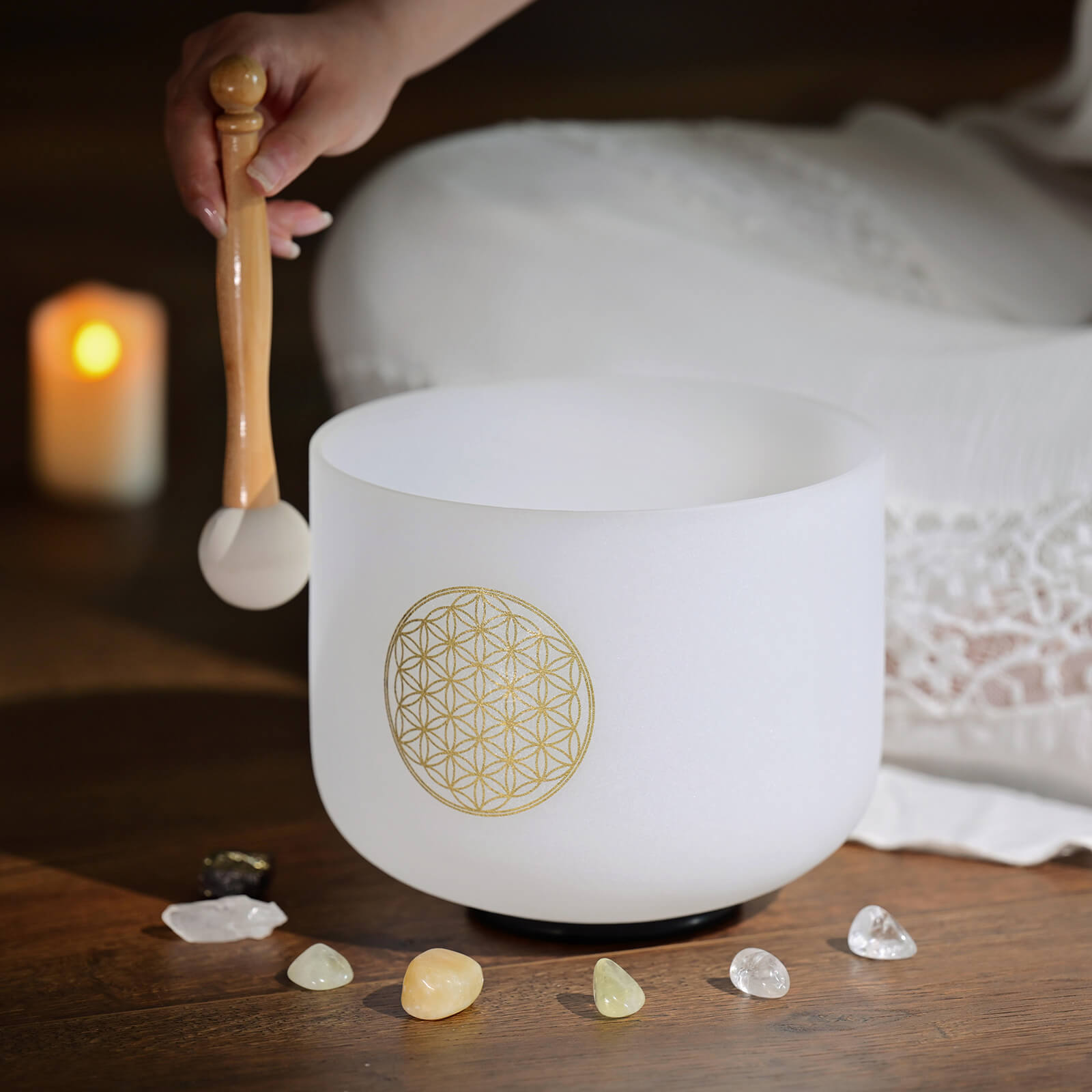 White Crystal Singing Bowl with Gold Flower of Life for Chakra Healing at 432Hz