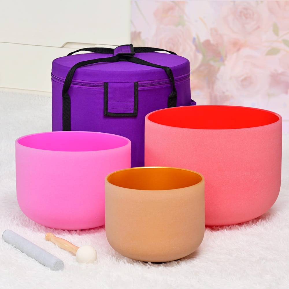 Colorful 432Hz Spring Limit Crystal Singing Bowls in purple carrying case