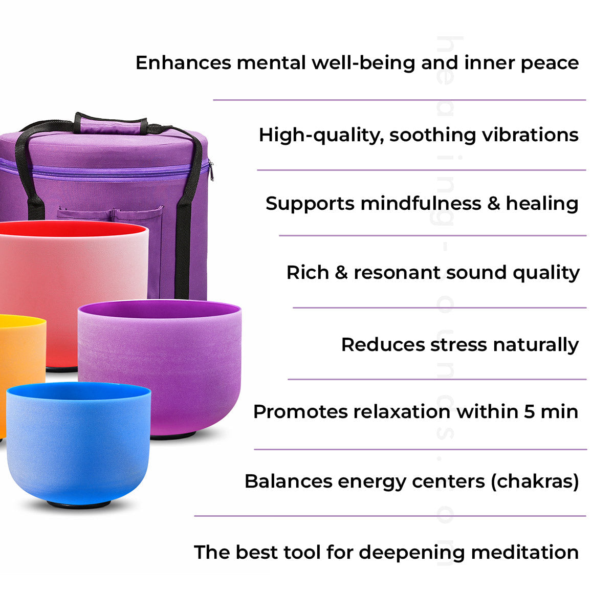 Colorful Crystal Singing Bowls with Purple Case and Wellness Benefits for Meditation