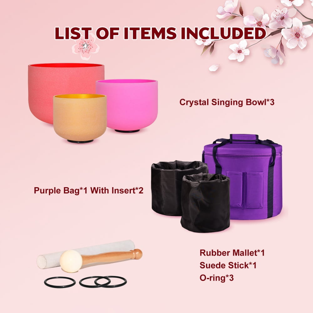 Crystal Singing Bowl Set with purple bags, mallets, and cherry blossoms backdrop