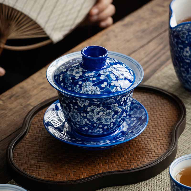 Plum Blossom Blue & White Porcelain Ceramic Gaiwan 185ml Tea Cup