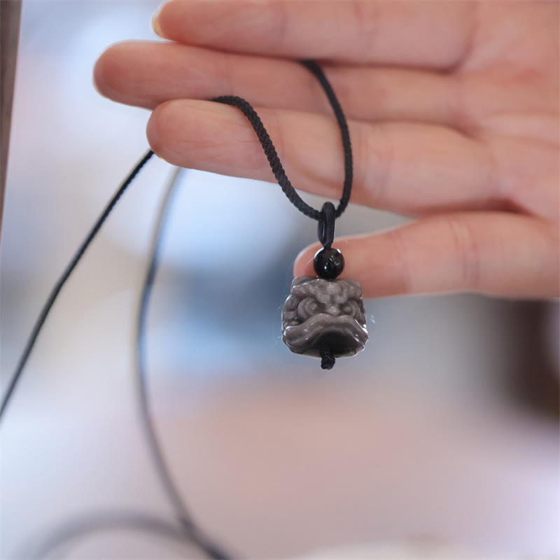 Silver Sheen Obsidian Dancing Lion Protection Necklace Unisex