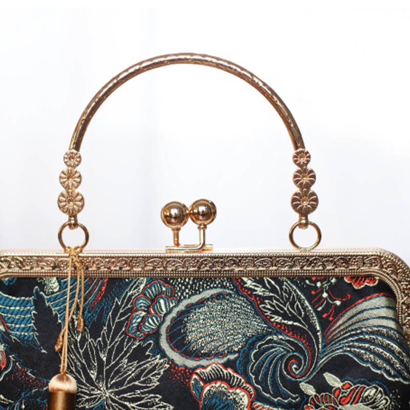 Vintage Flower Butterfly Crane Sea Waves Metal Chain Shoulder Bag