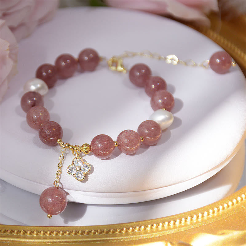 Strawberry Quartz Love Bracelet with Pearl and Four Leaf Clover Charm