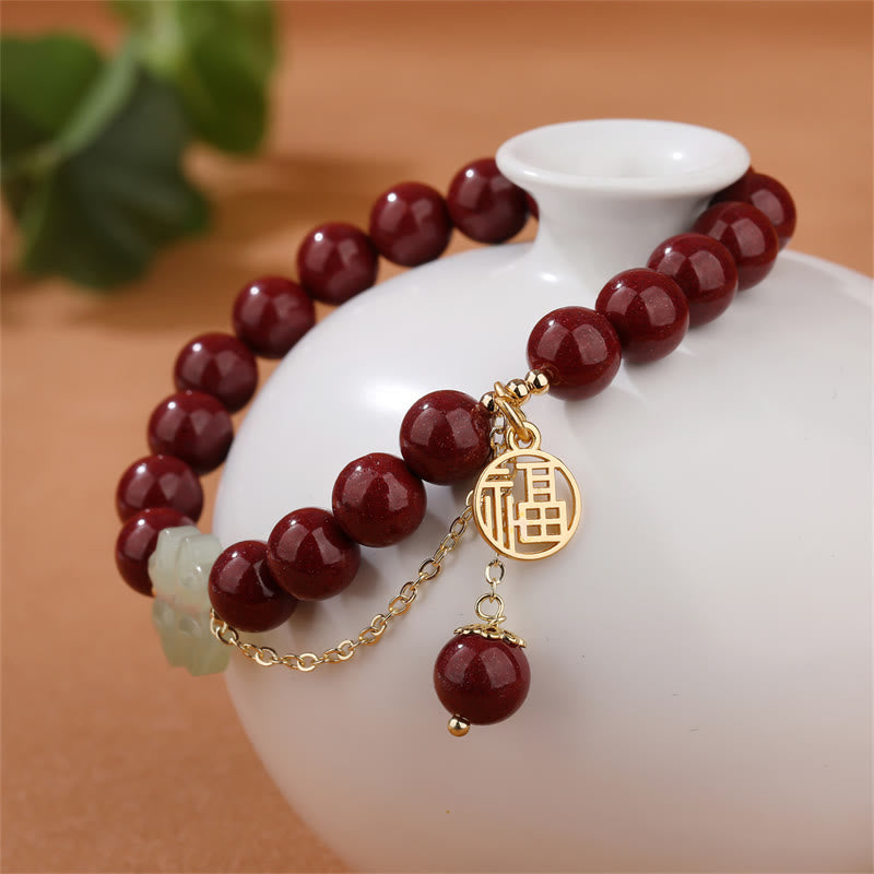 8mm Hetian Jade Jade Bracelet with Cinnabar Fu Blessing Charm