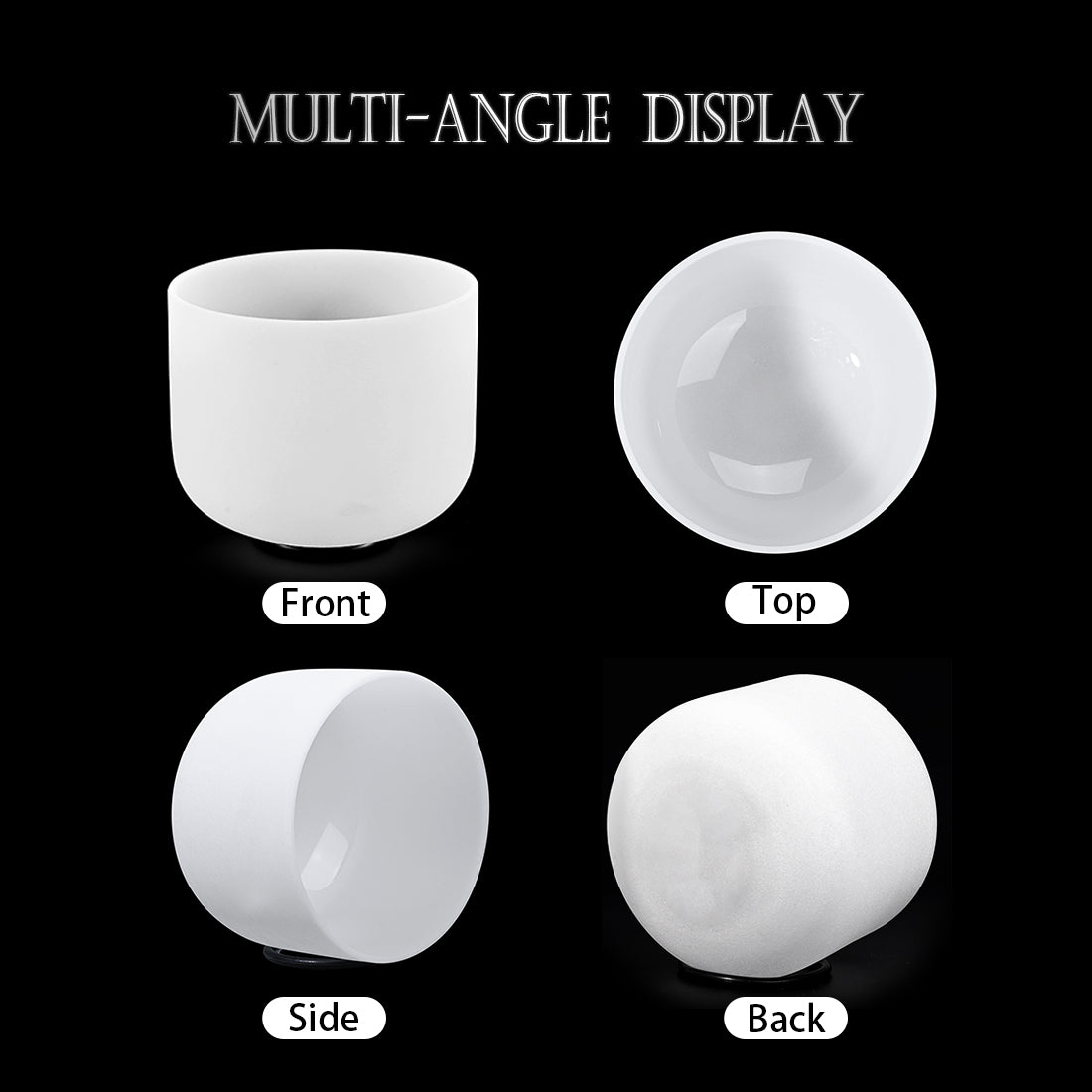 White cylindrical ceramic vessel displayed from multiple angles for 440 Hz Crystal Singing Bowl