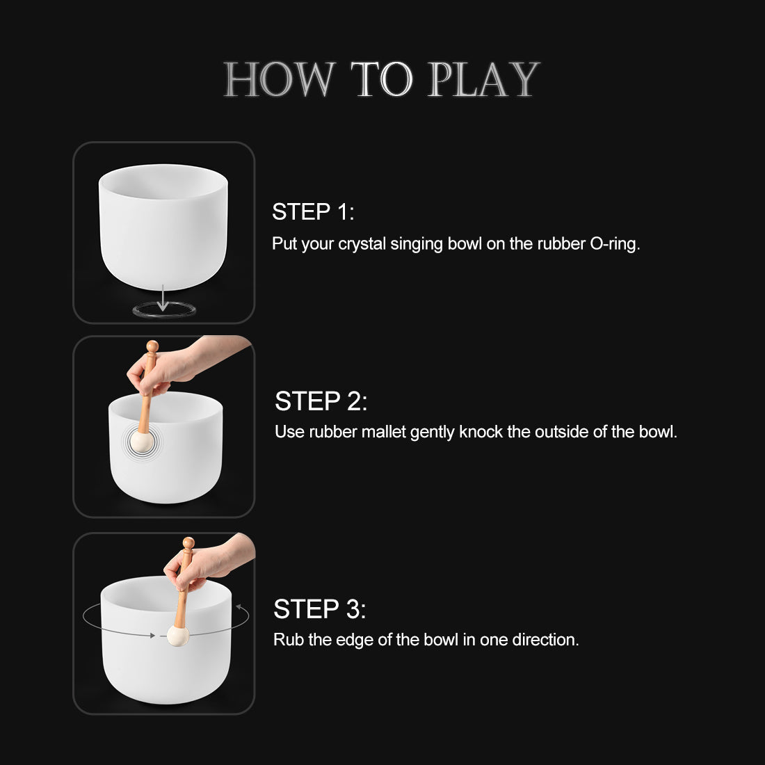 Instructions for playing a 440 Hz White Crystal Singing Bowl with a mallet