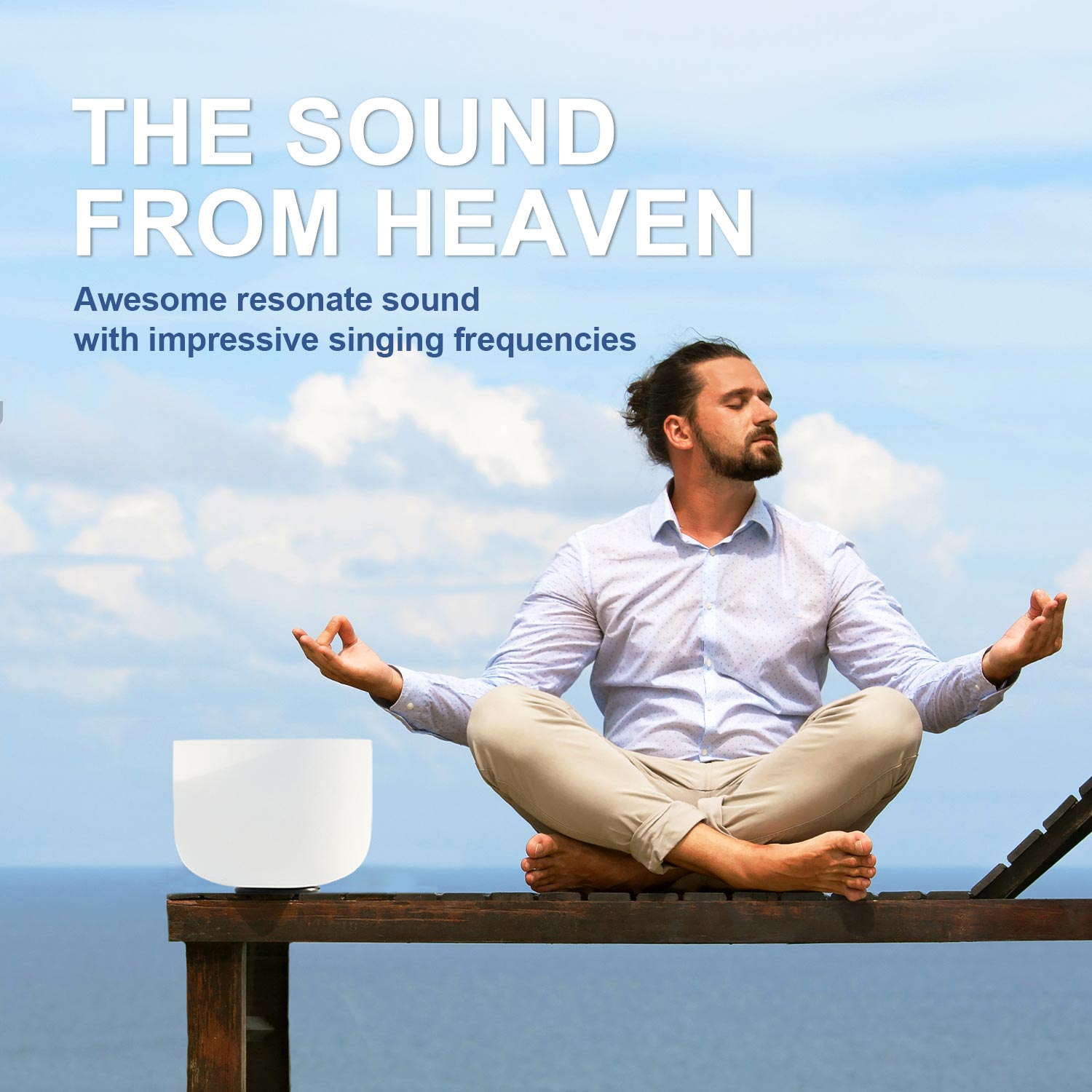 Person meditating in lotus position beside 440 Hz White Crystal Singing Bowl for healing