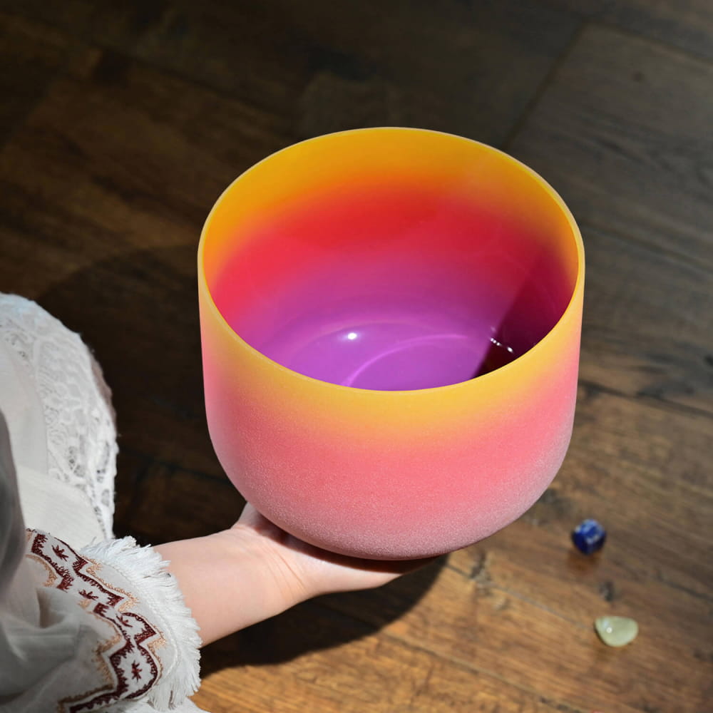 Colorful 440Hz 8’’ G Note Rainbow Crystal Singing Bowl in gradient hues orange to purple