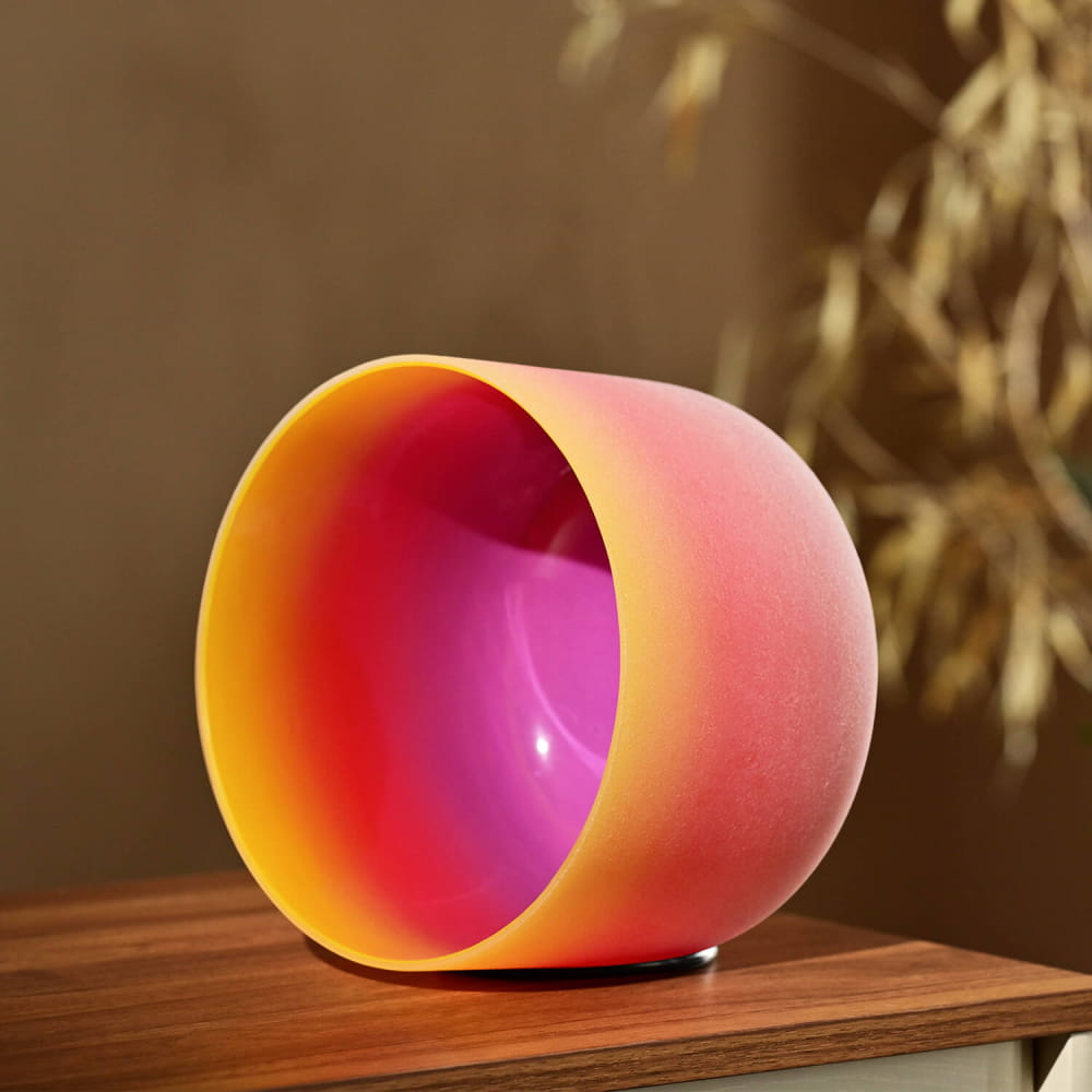 Cylindrical lamp with pink exterior and glowing magenta interior for 440Hz G Note bowl