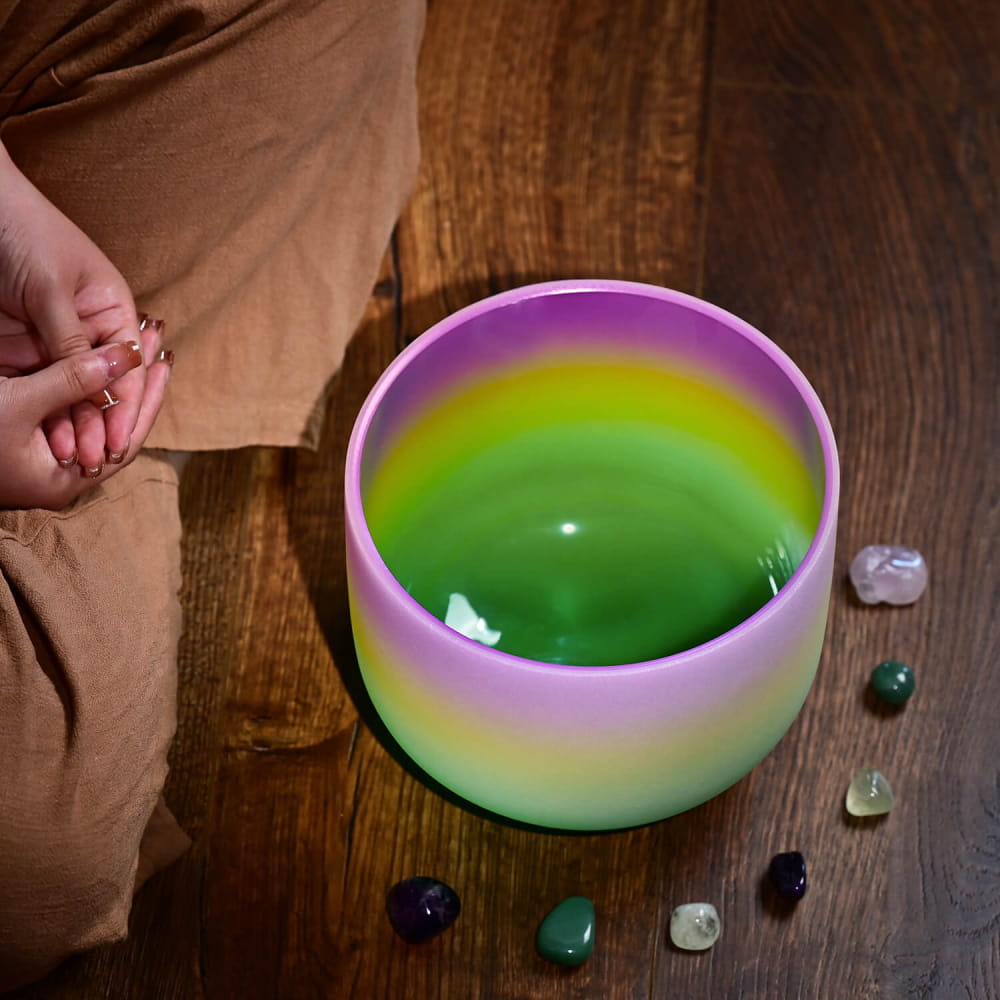 Rainbow-colored crystal singing bowl with green liquid, 440Hz 8’’ G Note model