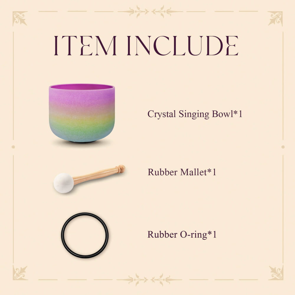 Rainbow-colored 440Hz 8’’ G Note Crystal Singing Bowl with mallet and rubber ring