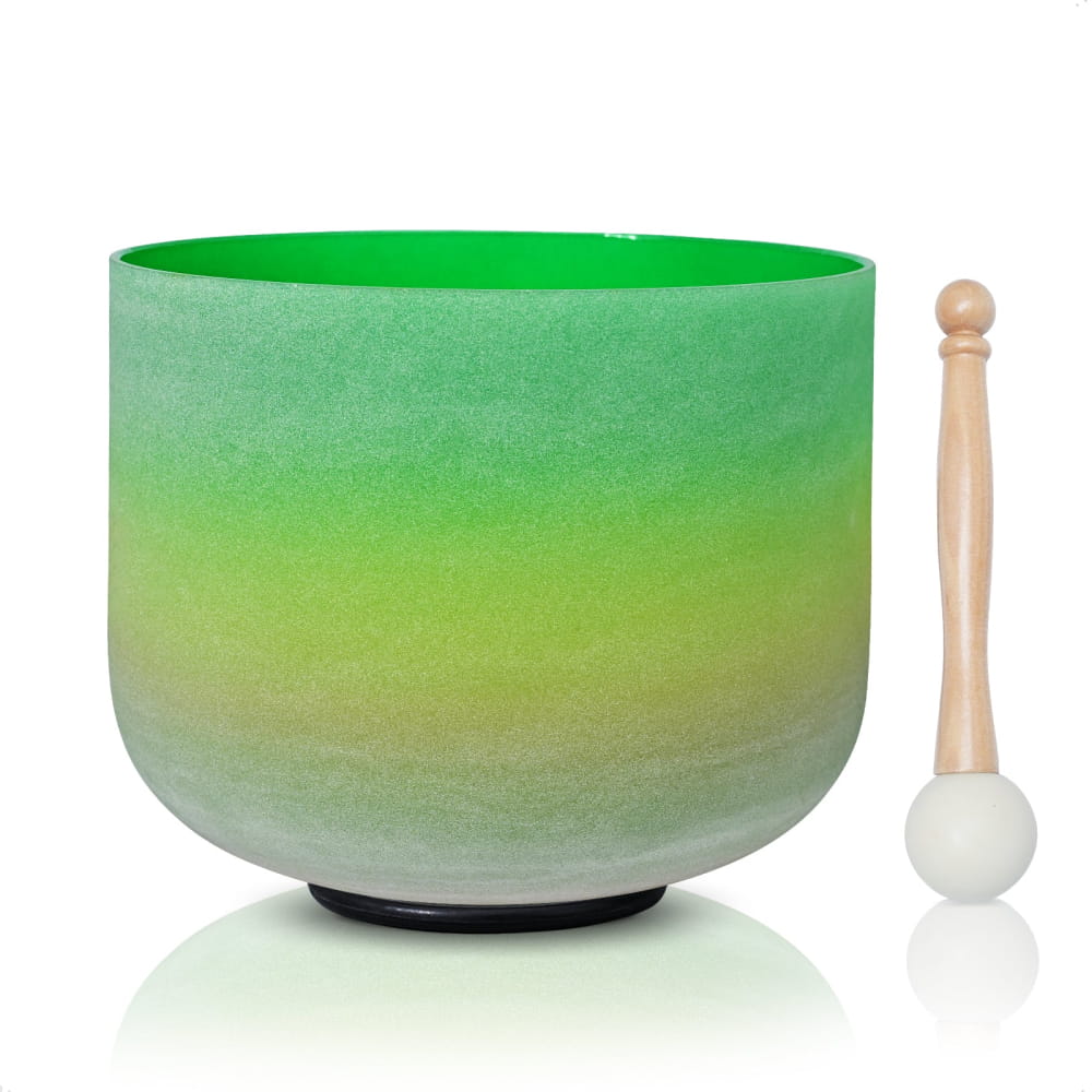 Frosted green crystal singing bowl with wooden mallet, 440Hz F Note, 9 inch size