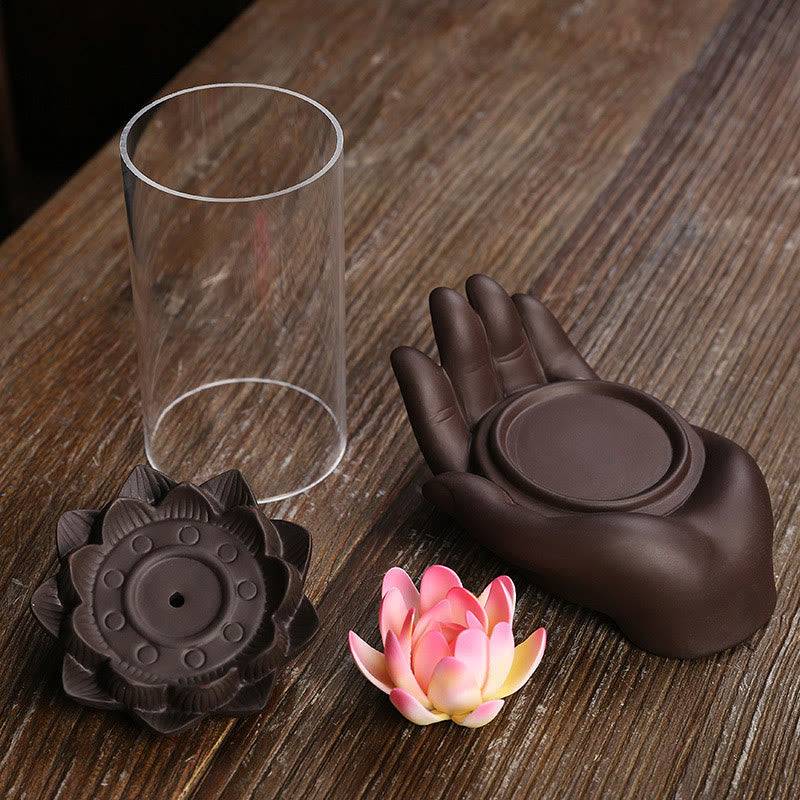 Purple Clay Buddha Hand Lotus Enlightenment LED Light Incense Burner