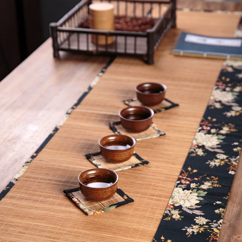 Vintage Bamboo Tea Mat 35x100cm | Peony Flower Coaster