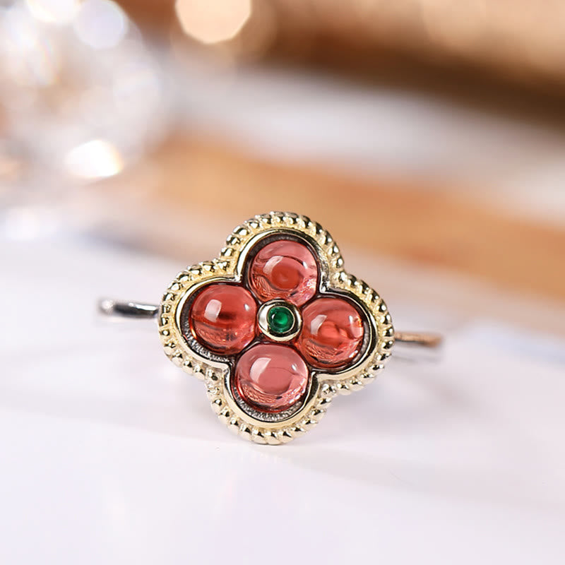 925 Sterling Silver Garnet Four-Leaf Clover Protection Necklace & Ring Set