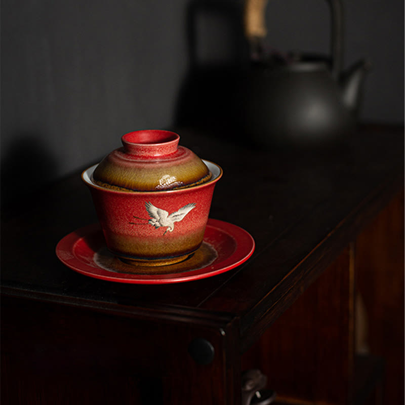 Red Auspicious Crane Ceramic Gaiwan Sancai Teacup | Zen Decor
