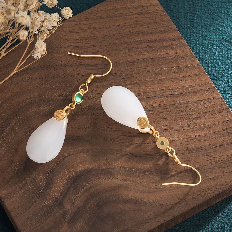 White Jade Luck Drop Earrings for Protection & Happiness