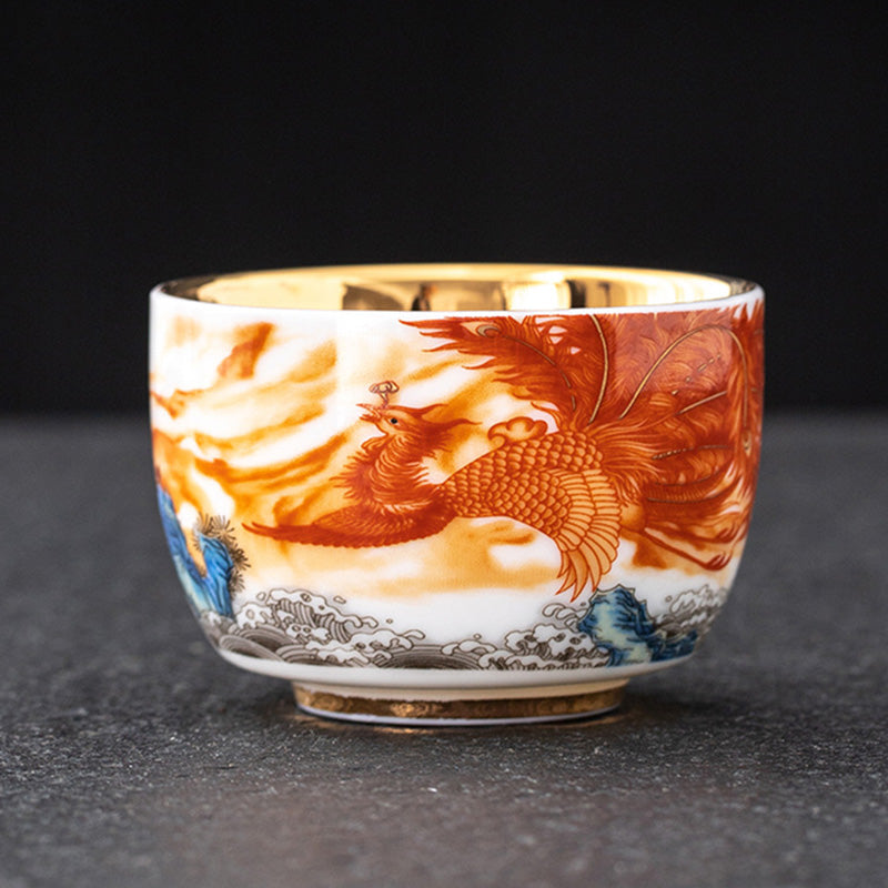 Gilt Ceramic Dragon Phoenix Crane Teacup 170ml Spiritual