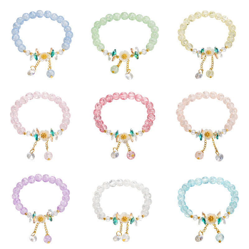 Spiritual Glass Bead Bracelet with Flower Charm for Protection