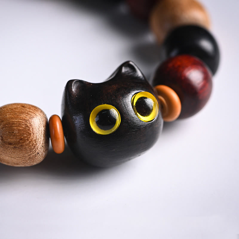 Ebony Wood Protection Bracelet with Small Leaf Red Sandalwood Cat Charm