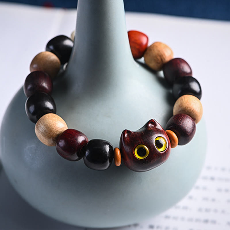 Ebony Wood Protection Bracelet with Small Leaf Red Sandalwood Cat Charm