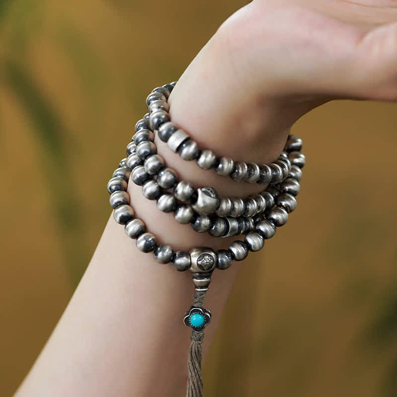 108 Mala Beads Sterling Silver Red Agate Turquoise Confidence Bracelet
