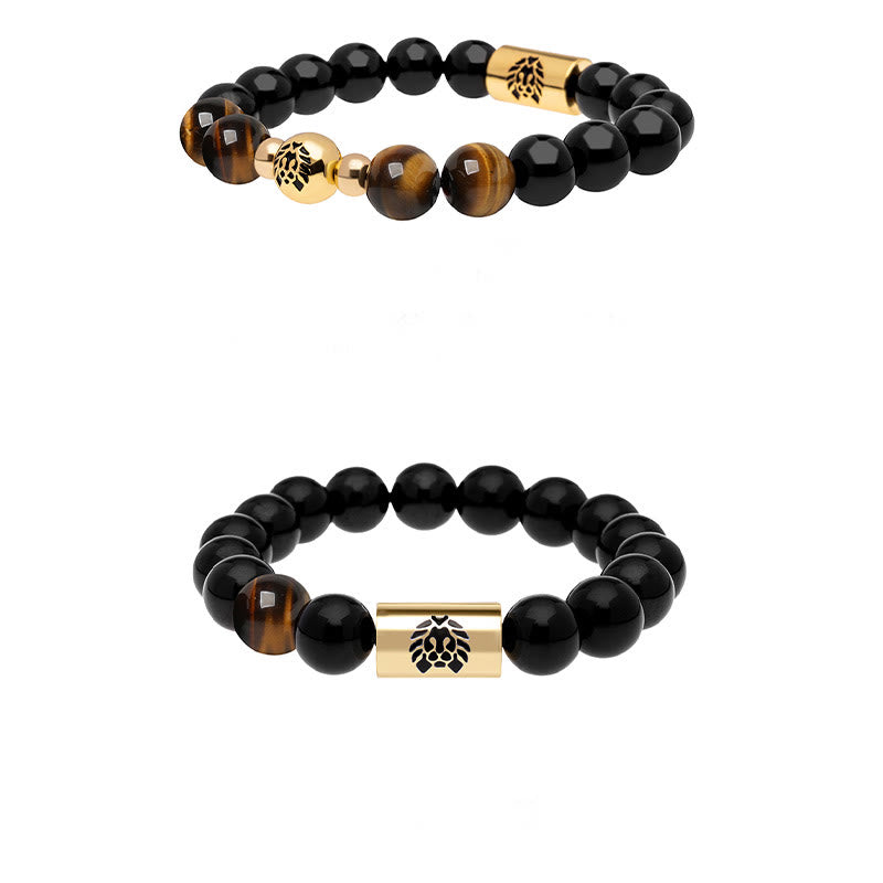 Black Onyx Tiger Eye Protection Bracelet with Lion Bead