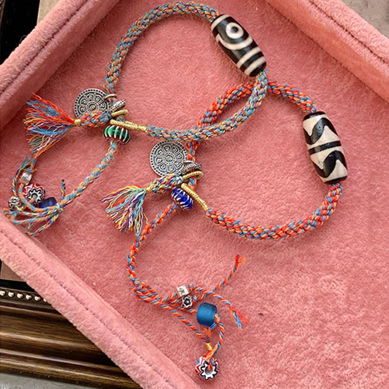 Om Mani Padme Hum Bracelet | Tibetan Dzi Bead Silver Braid