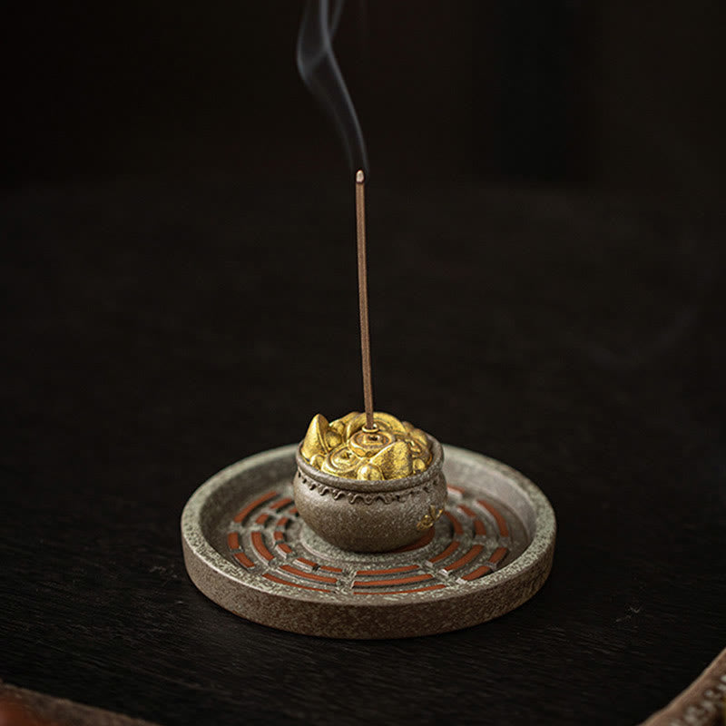 Ceramic Bagua Incense Burner | Treasure Bowl & Lucky Bag Set
