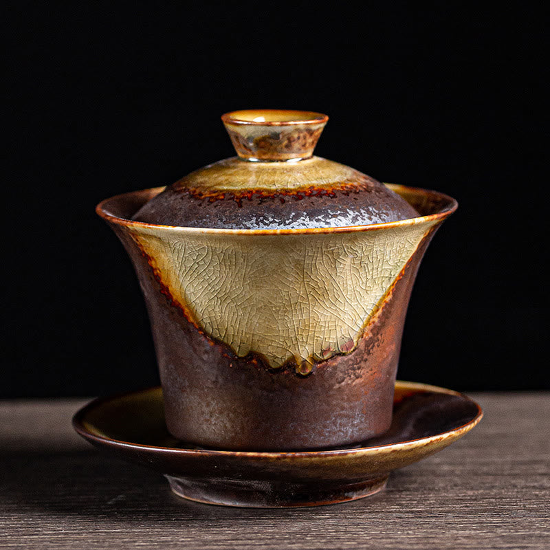 Vintage Brown Kiln Ceramic Gaiwan Sancai Tea Cup with Lid