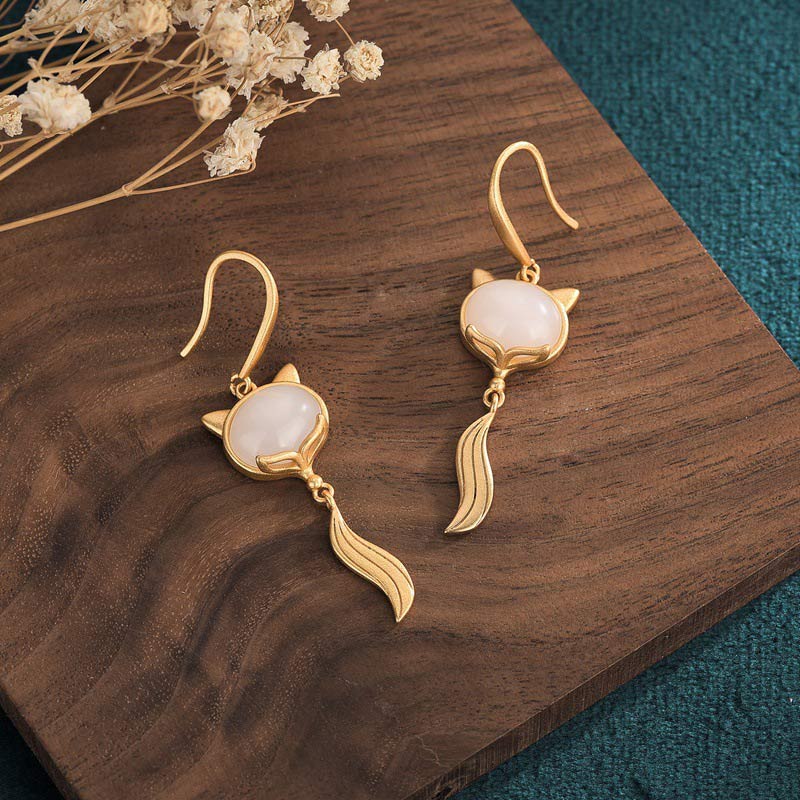 FengShui White Jade Fox Fortune Earrings 45mm Drop