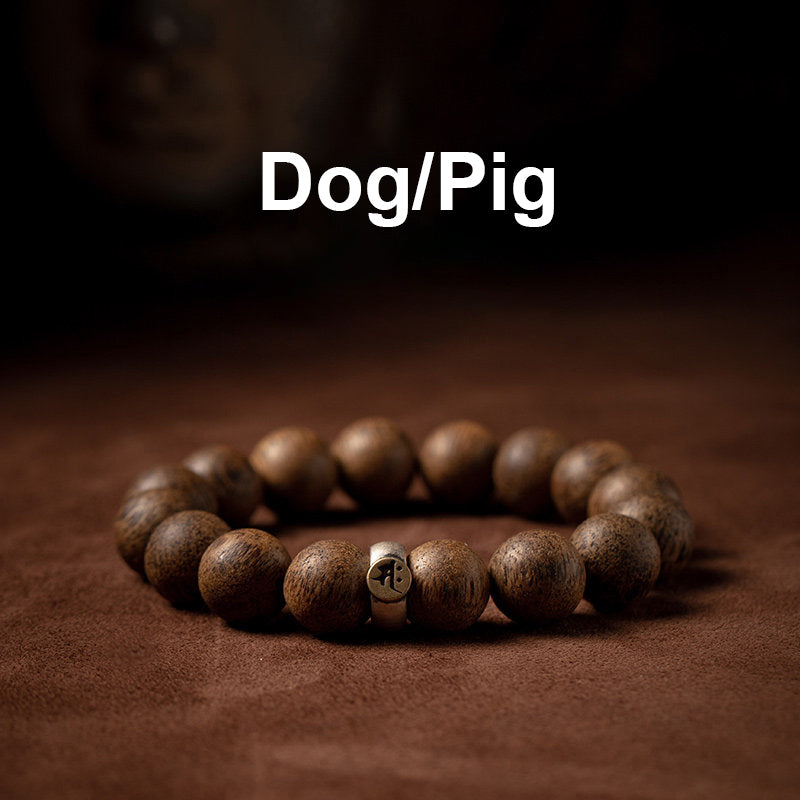 Natural Agarwood Chinese Zodiac Peace Bracelet 12mm Beads
