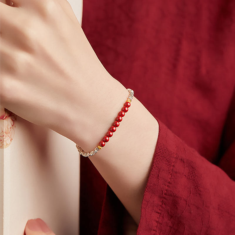 925 Sterling Silver Cinnabar Bracelet with Fu Character Blessing
