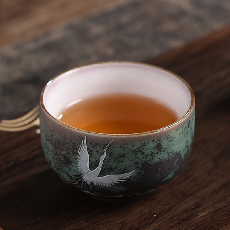 Auspicious Crane Ceramic Tea Cup for Meditation & Ritual