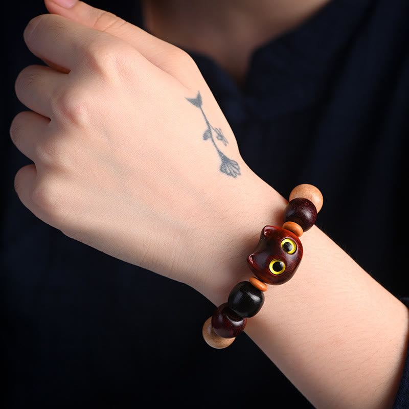 Ebony Wood Protection Bracelet with Small Leaf Red Sandalwood Cat Charm