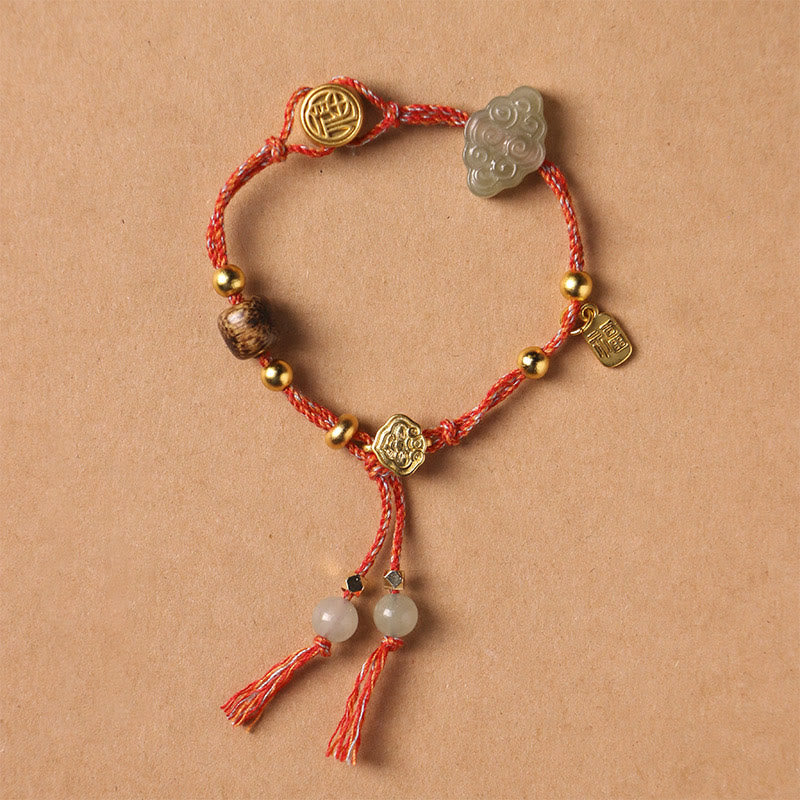 Auspicious Clouds Hetian Jade Fu Character Luck Rope Bracelet