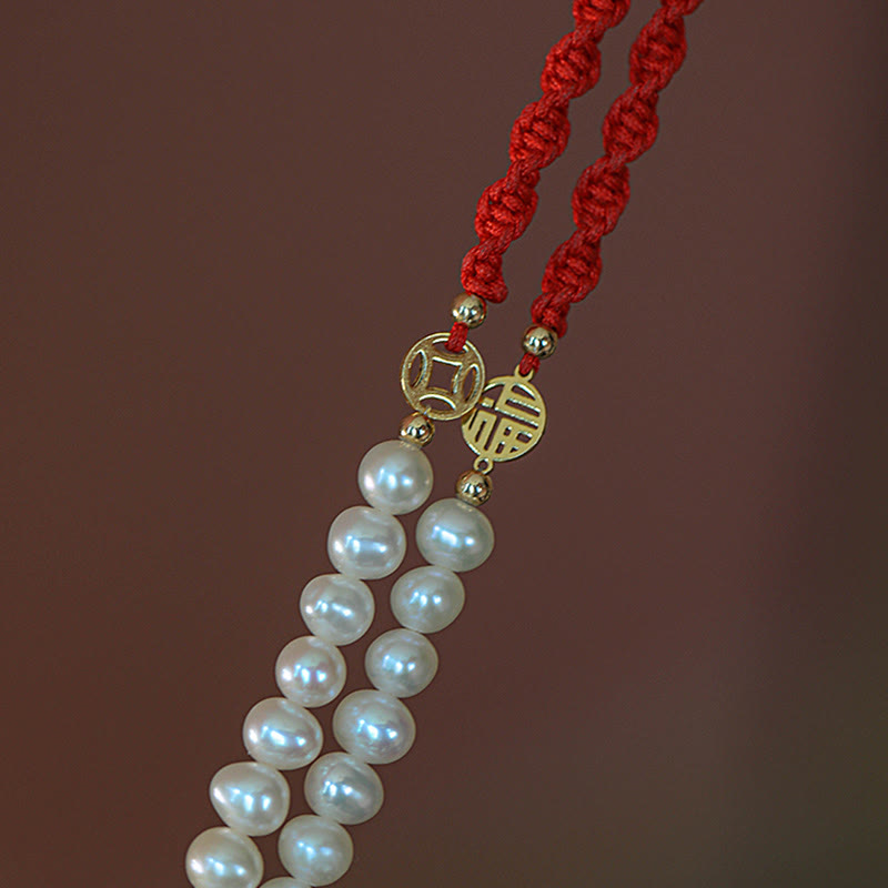 14K Gold Plated Pearl Luck Protection Red String Bracelet