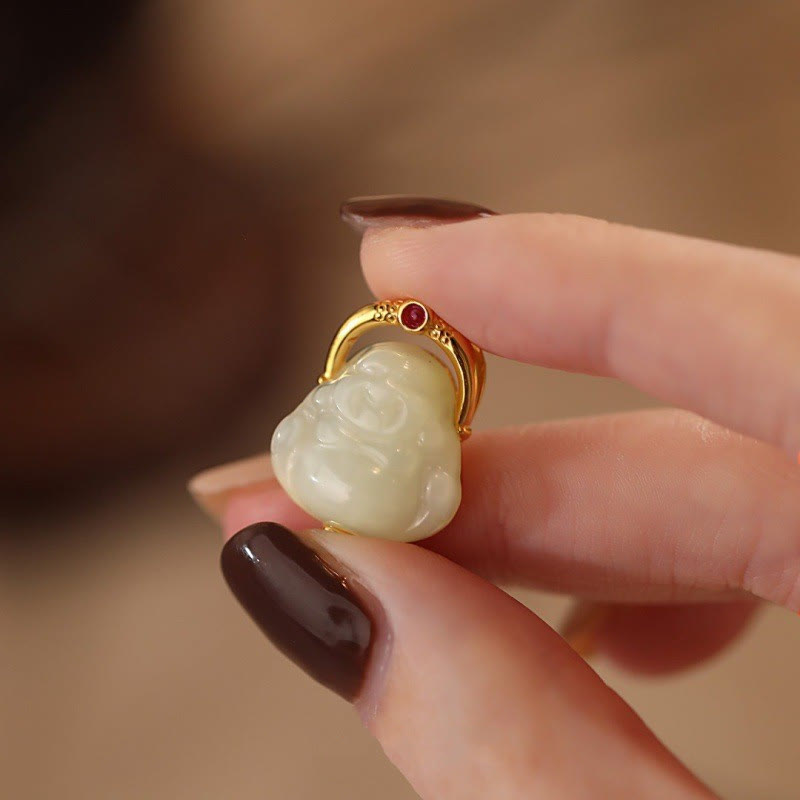 Hetian Jade Laughing Buddha Necklace for Abundance 925 Silver