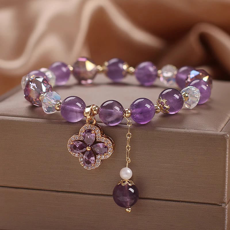 Natural Amethyst Spiritual Healing Bracelet with Four Leaf Clover Charm