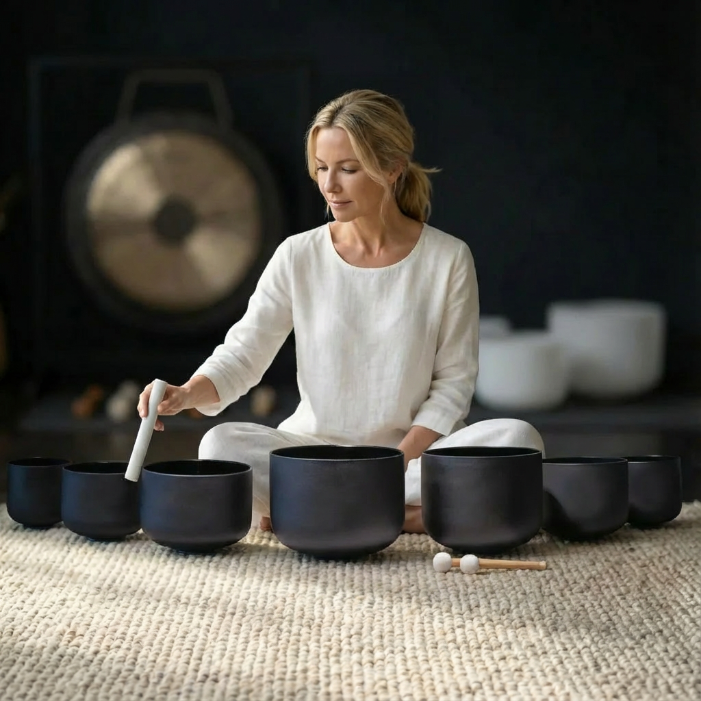 7 PCS Black Crystal Singing Bowl Set for Sound Bath