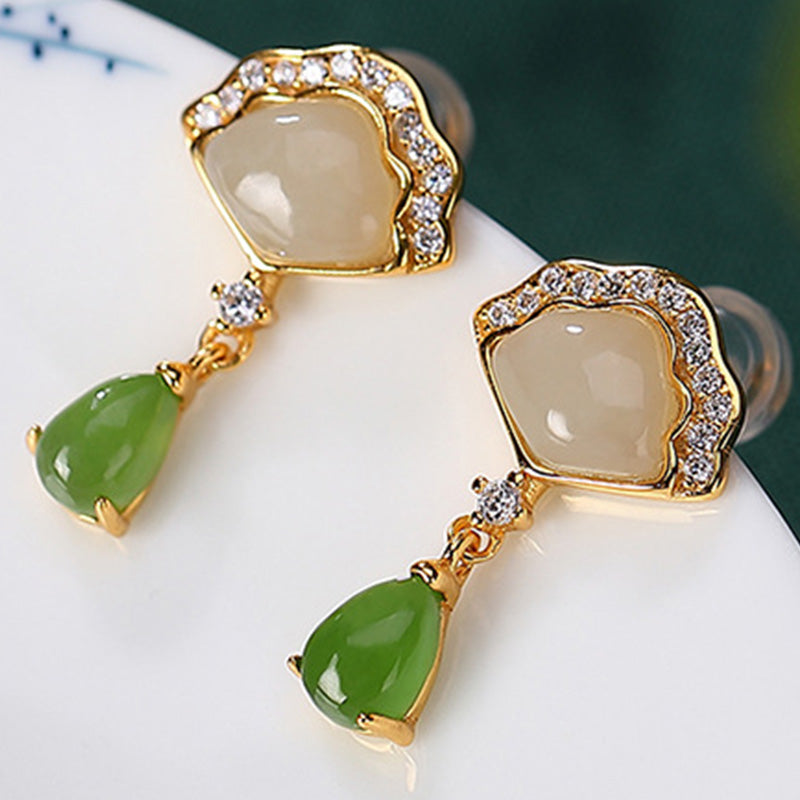 White Jade Cyan Jade Luck Drop Earrings 20mm Length