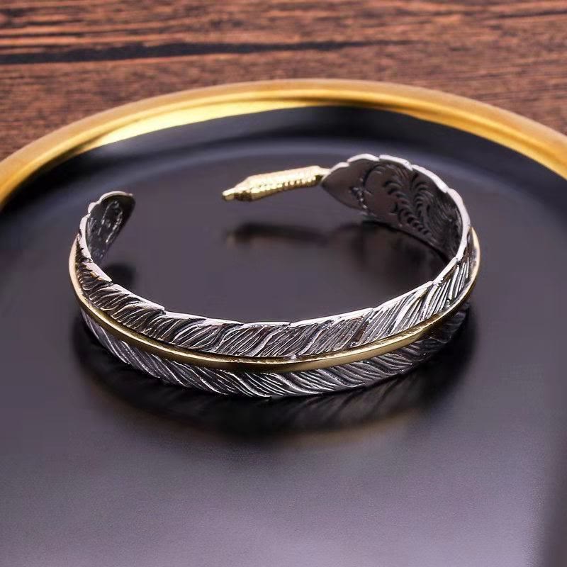 Copper Feather Pattern Carved Luck Wealth Cuff Bracelet