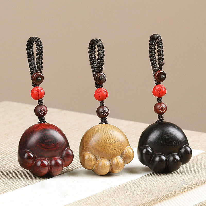 Lucky Cat Paw Wood Protection Key Chain with Red, Green & Ebony Sandalwood