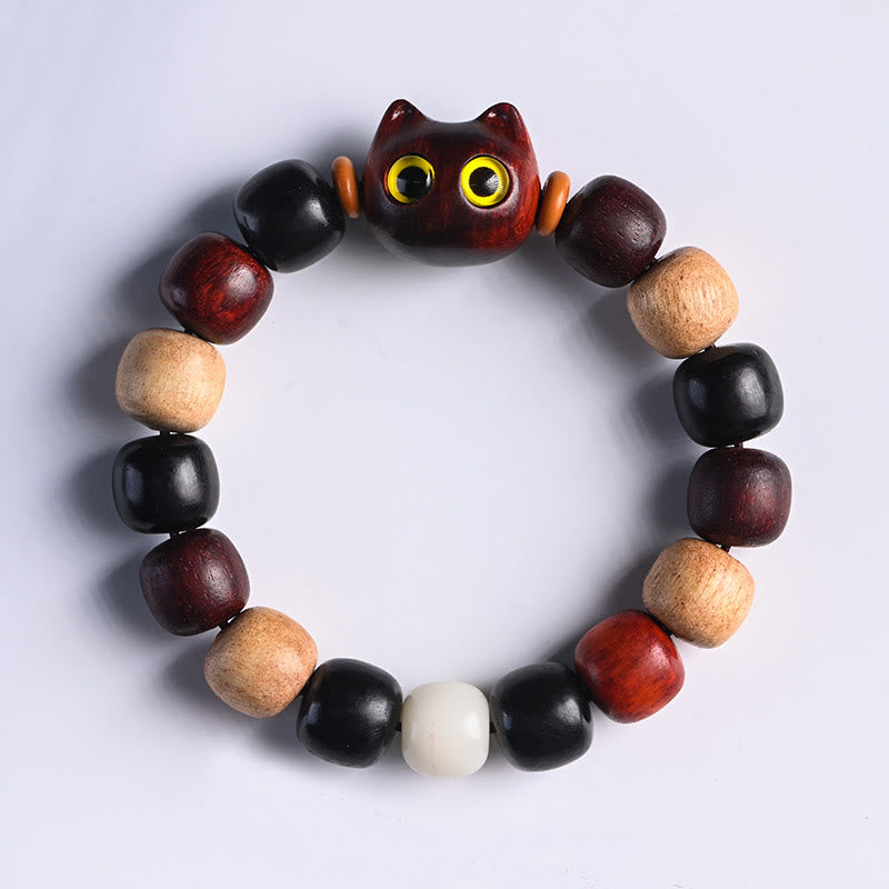 Small Leaf Red Sandalwood Protection Bracelet with Cute Cat Engraving